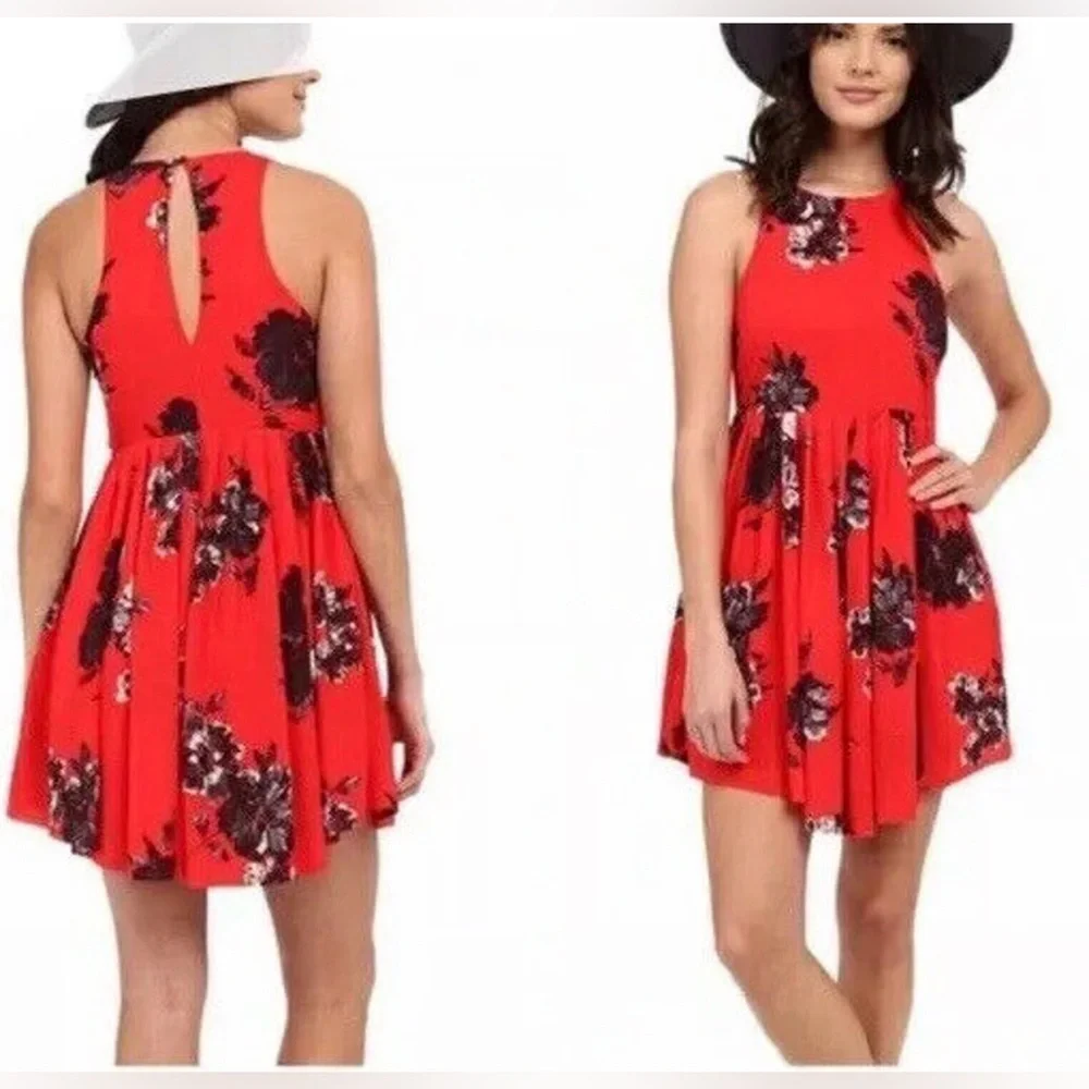 Free People Flutterby Cherry Red Floral Fit &‎ Flare Dress Womens 6